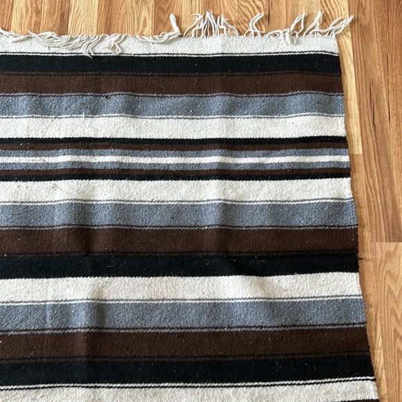 Vintage Mexican wool rug blanket eagle snake brown black stripe fringe boho82x47 - Picture 4 of 16